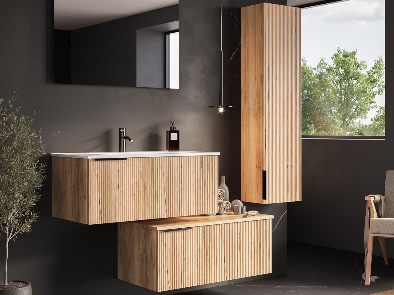 Mobile Bagno AVIVO 90 cm 1 Cassetto Cannettato Rovere Chiaro con Lavabo Ceramica Bianco Lucido-9024909