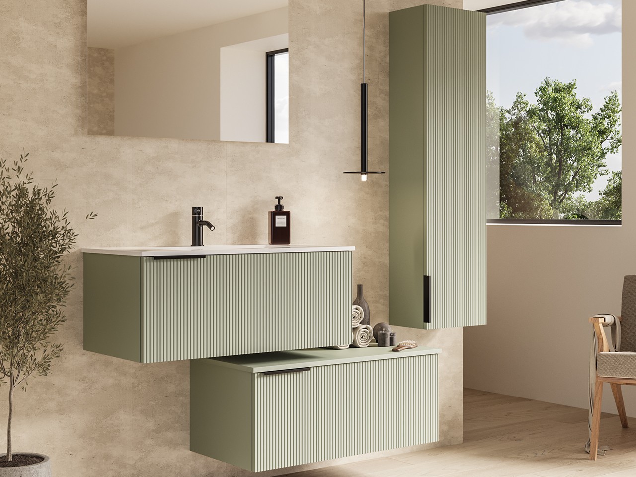 Mobile Bagno AVIVO 90 cm 1 Cassetto Cannettato Verde Opaco con Lavabo Ceramica Bianco Lucido-9024913