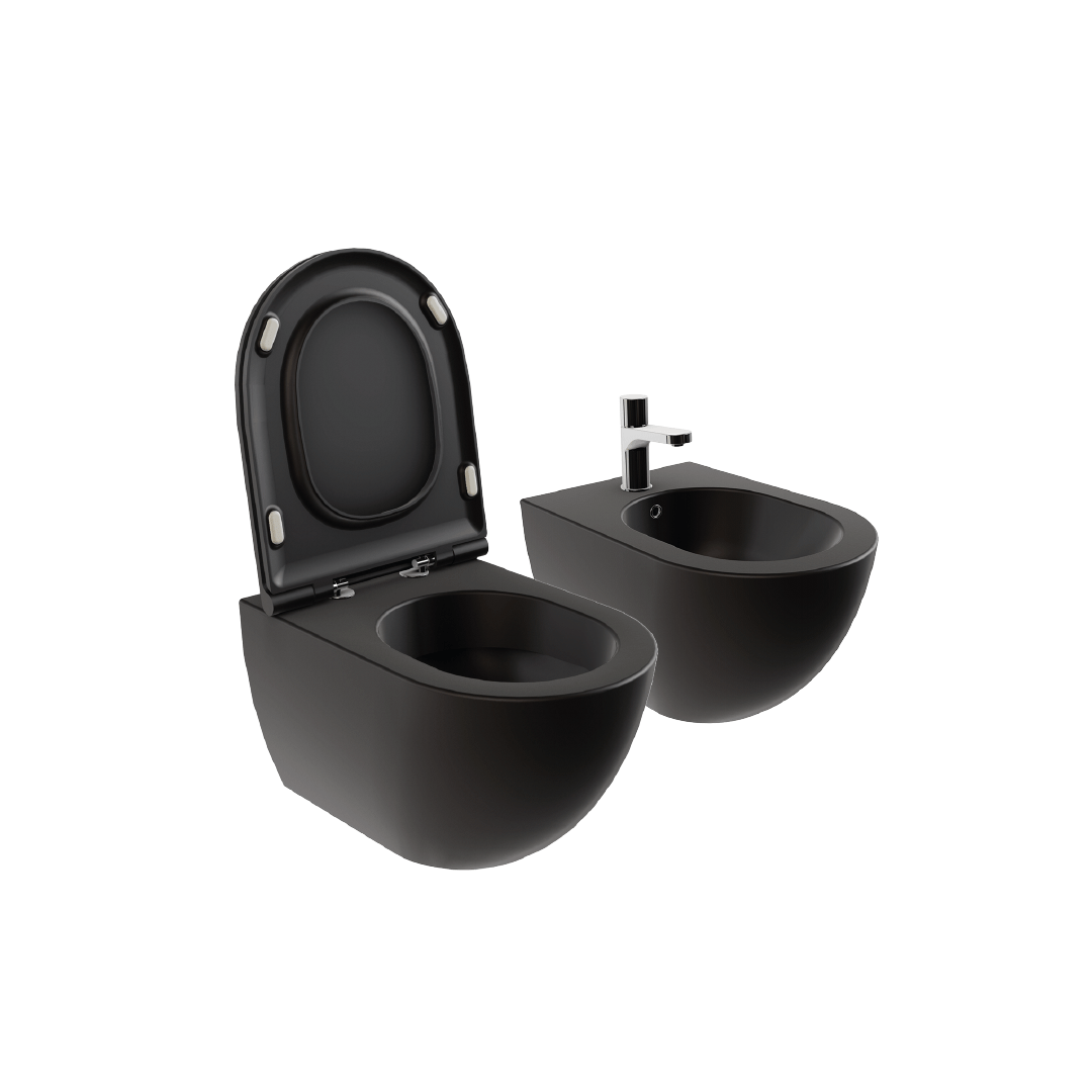 Coppia Di Sanitari Sospesi Senza Brida Azzurra Ceramica "Comoda" Nero Opaco