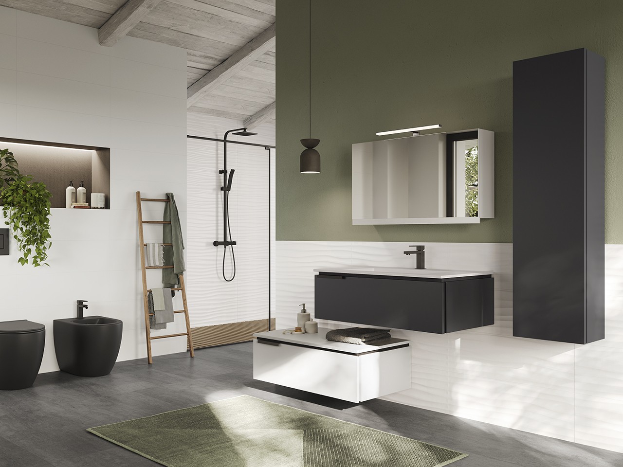 Mobile Bagno TOUCH 90 cm 1 Cassetto Phoenix Nero Opaco e Lavabo HIDE Bianco Lucido-9013814