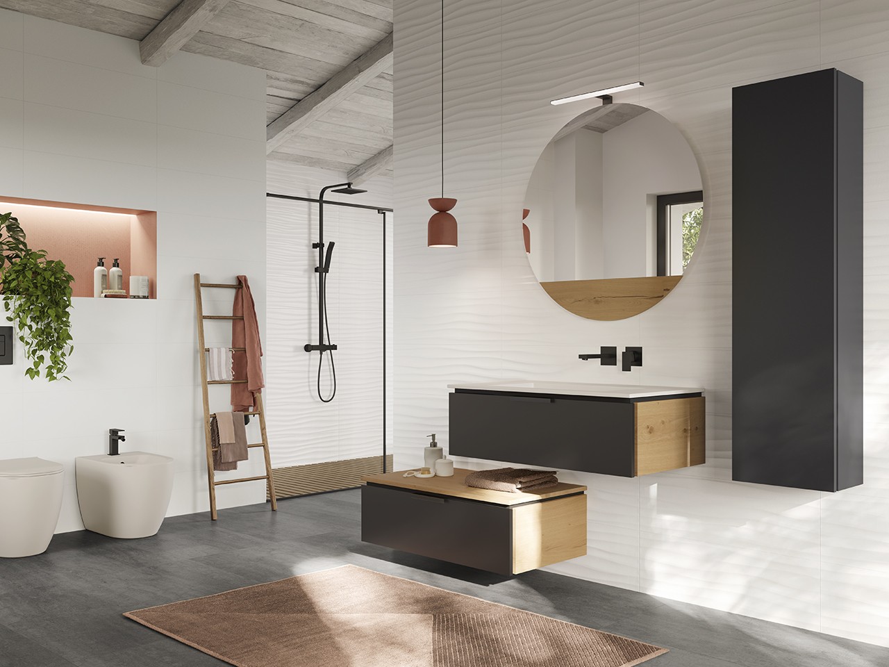 Mobile Bagno TOUCH 90 cm 1 Cassetto Phoenix Nero Opaco/Rovere Nodi e Lavabo HIDE Bianco Lucido-9013985