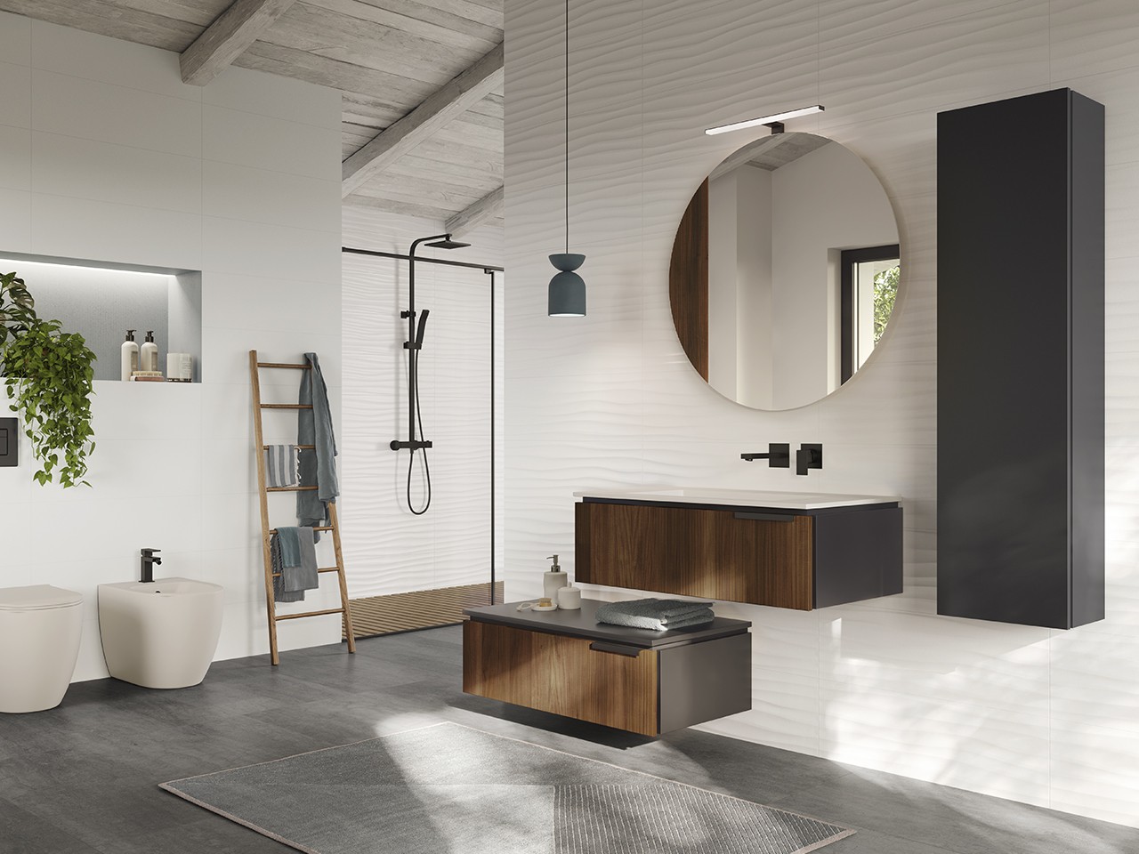 Mobile Bagno BLUES 90 cm 1 Cassetto Noce Cannucciato e Lavabo HIDE Bianco Lucido-9013987