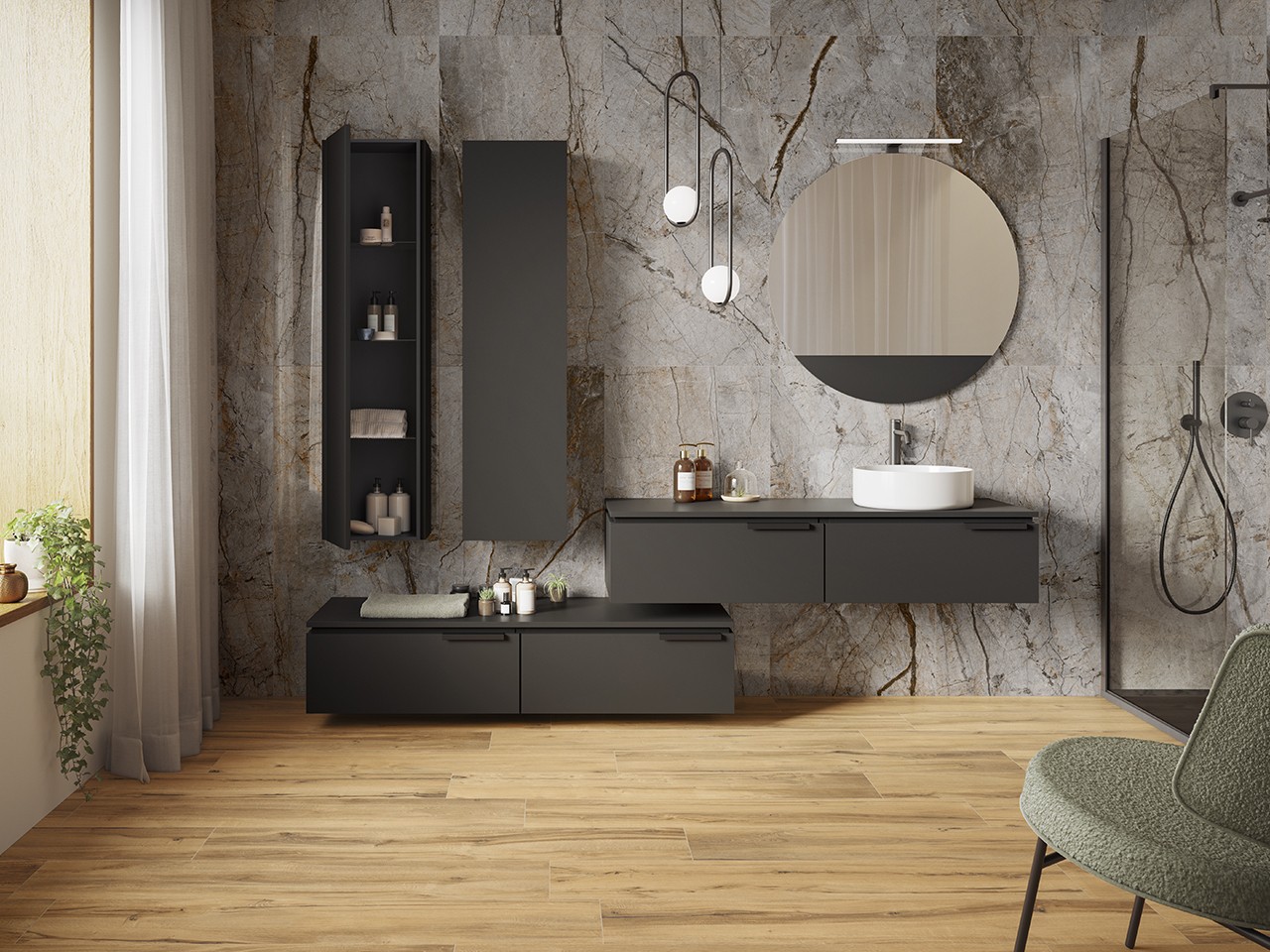 Mobile Bagno TOUCH 140 cm 2 Cassetti e Top 1,2 cm Phoenix Nero Opaco-9013816