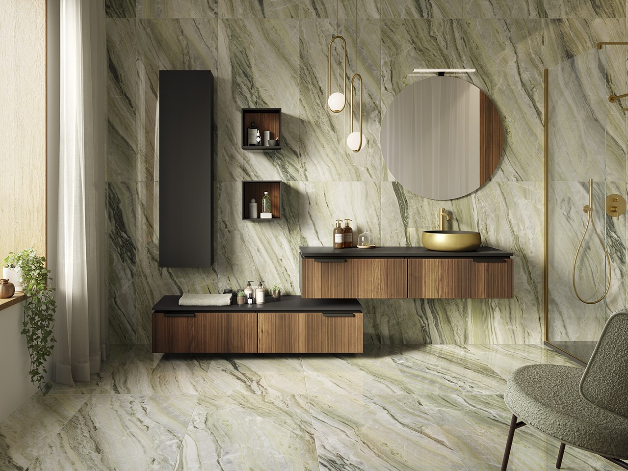 Mobile Bagno BLUES 140 cm 2 Cassetti Noce Cannucciato e Top 1,2 cm Phoenix Nero Opaco-9013818