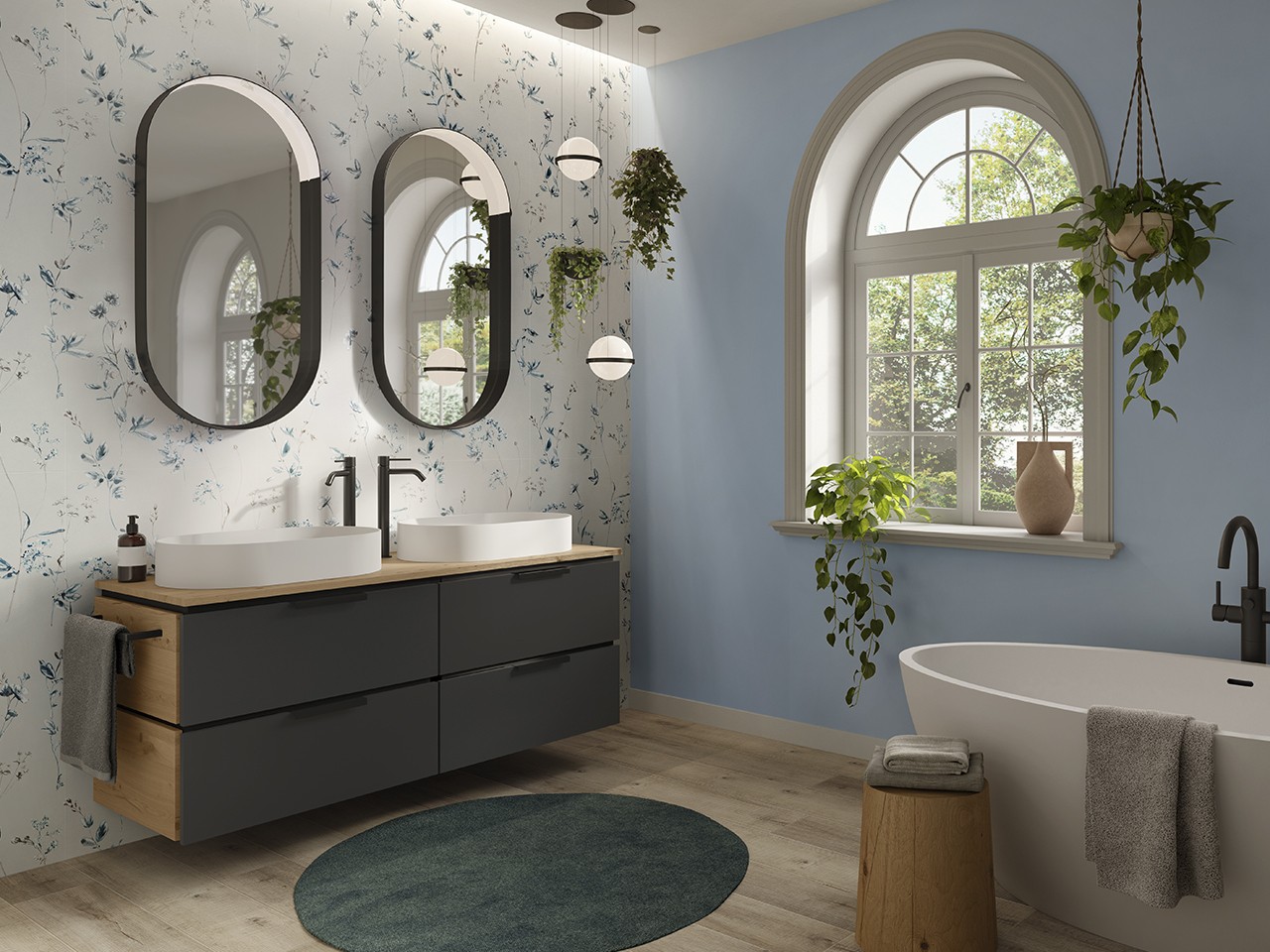 Mobile Bagno TOUCH 140 cm 4 Cassetti Phoenix Nero Opaco e Top 1,8 cm Rovere Nodi-9013822