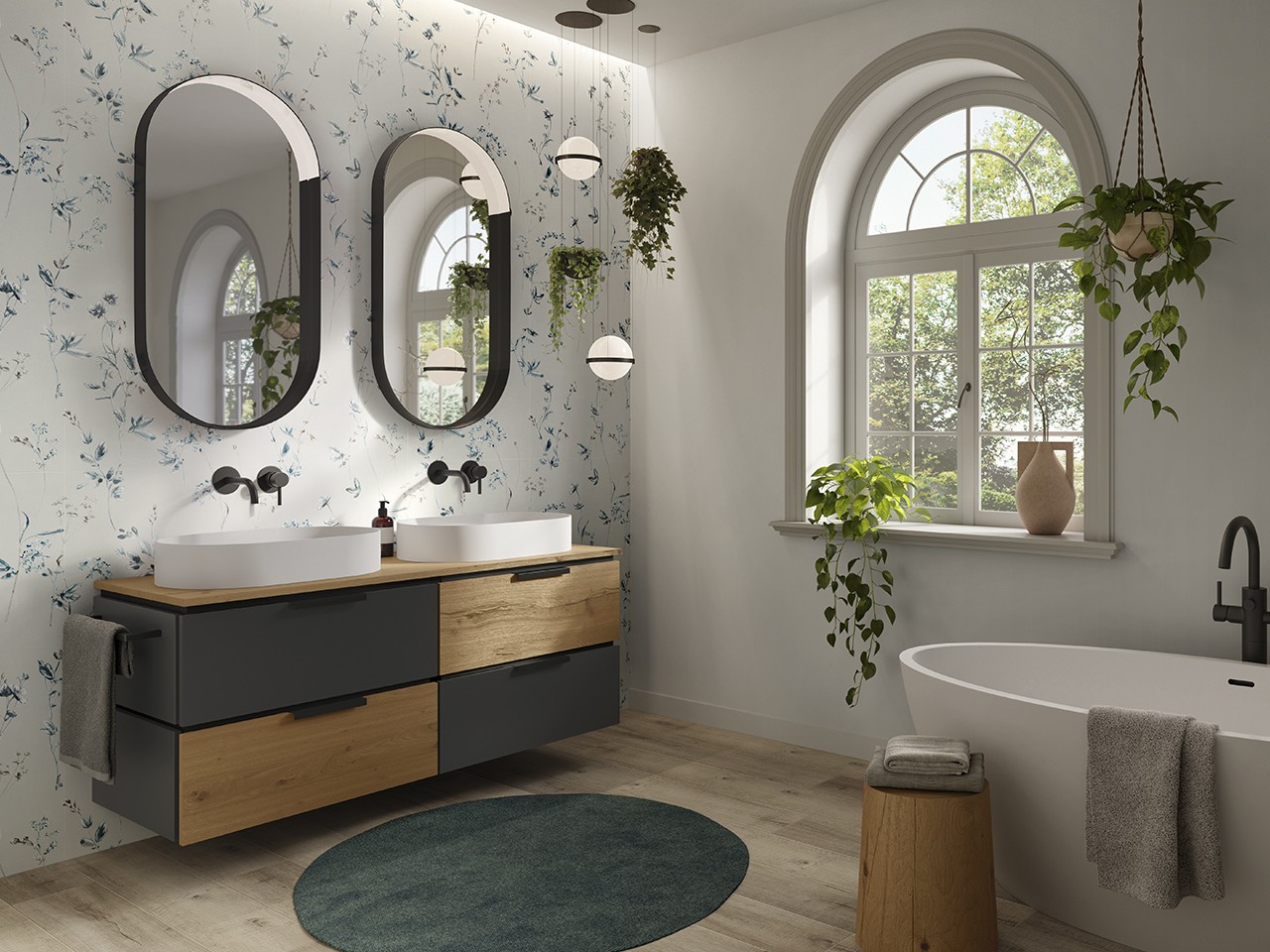Mobile Bagno TOUCH 140 cm 4 Cassetti Phoenix Nero Opaco/Rovere Nodi e Top 1,8 cm-9013823
