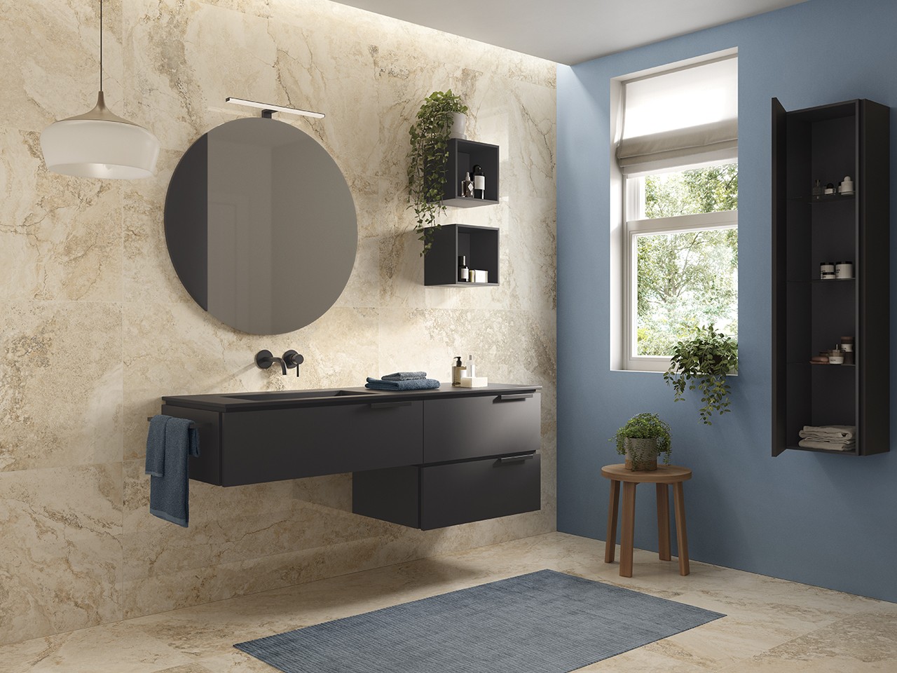 Mobile Bagno TOUCH 160 cm 3 Cassetti Phoenix Nero Opaco e Lavabo HIDE Sinistro Nero-9013879
