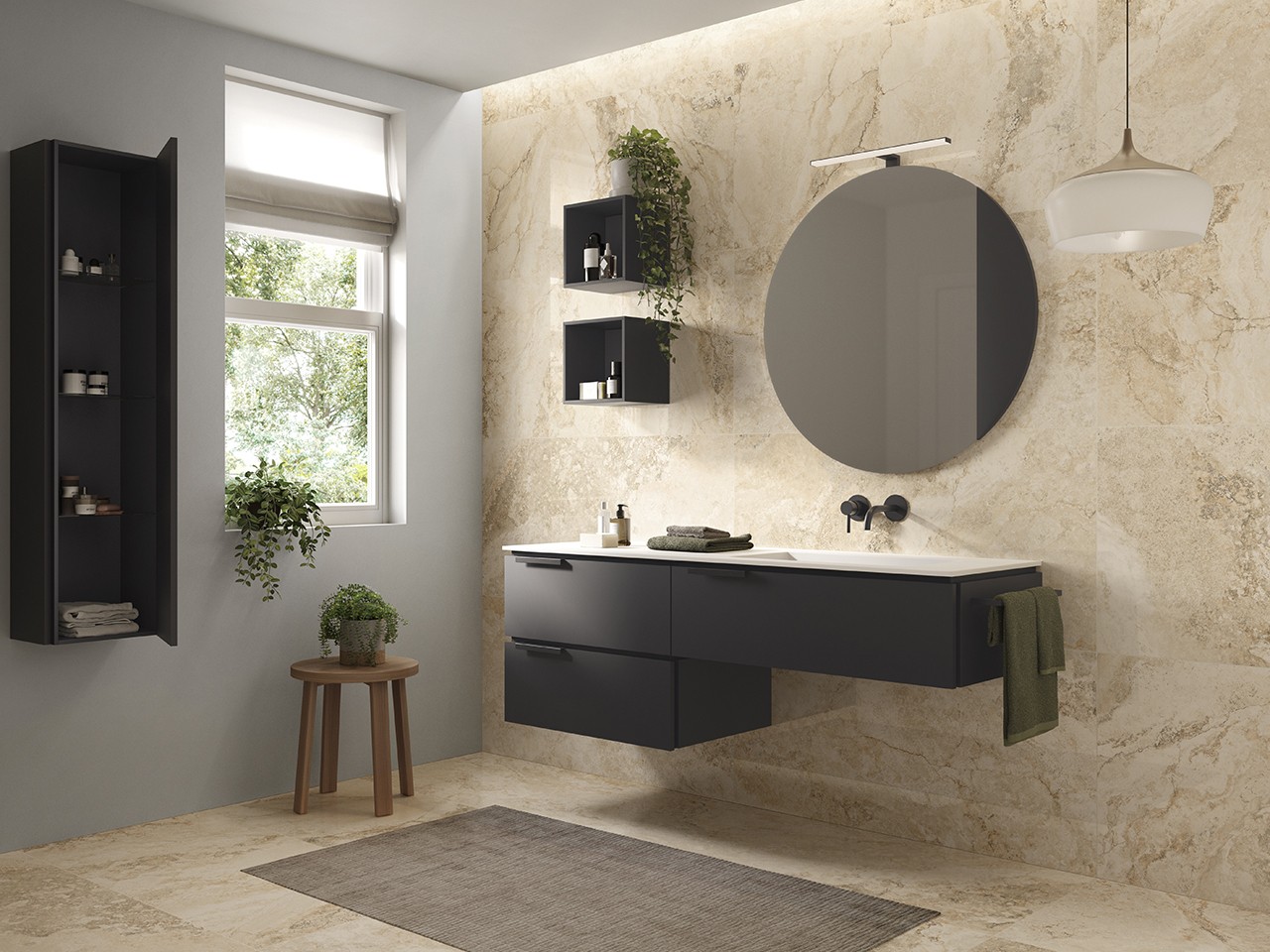 Mobile Bagno TOUCH 160 cm 3 Cassetti Phoenix Nero Opaco e Lavabo HIDE Destro Bianco Lucido-9013885