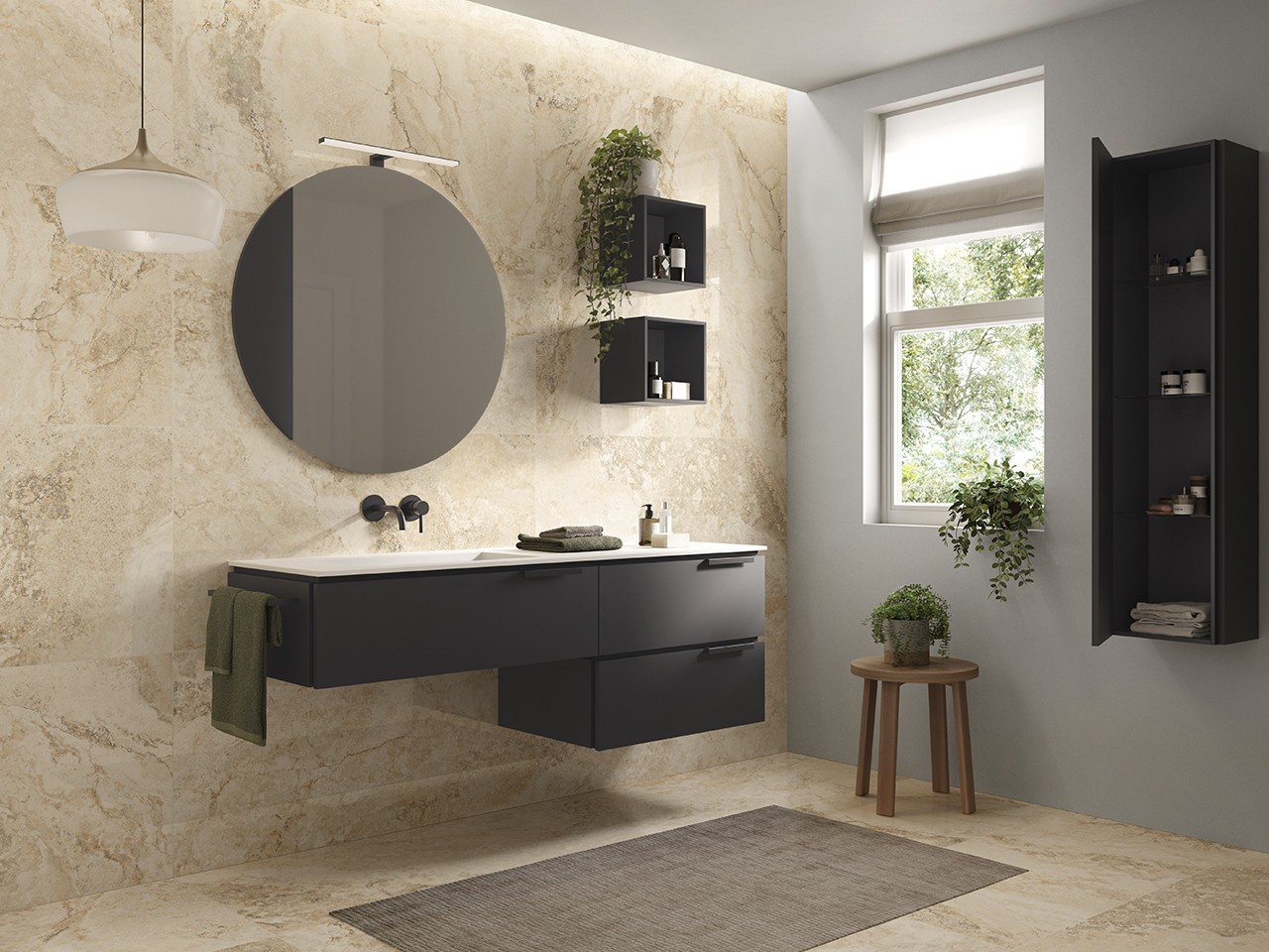 Mobile Bagno TOUCH 160 cm 3 Cassetti Phoenix Nero Opaco e Lavabo HIDE Sinistro Bianco Lucido-9013886