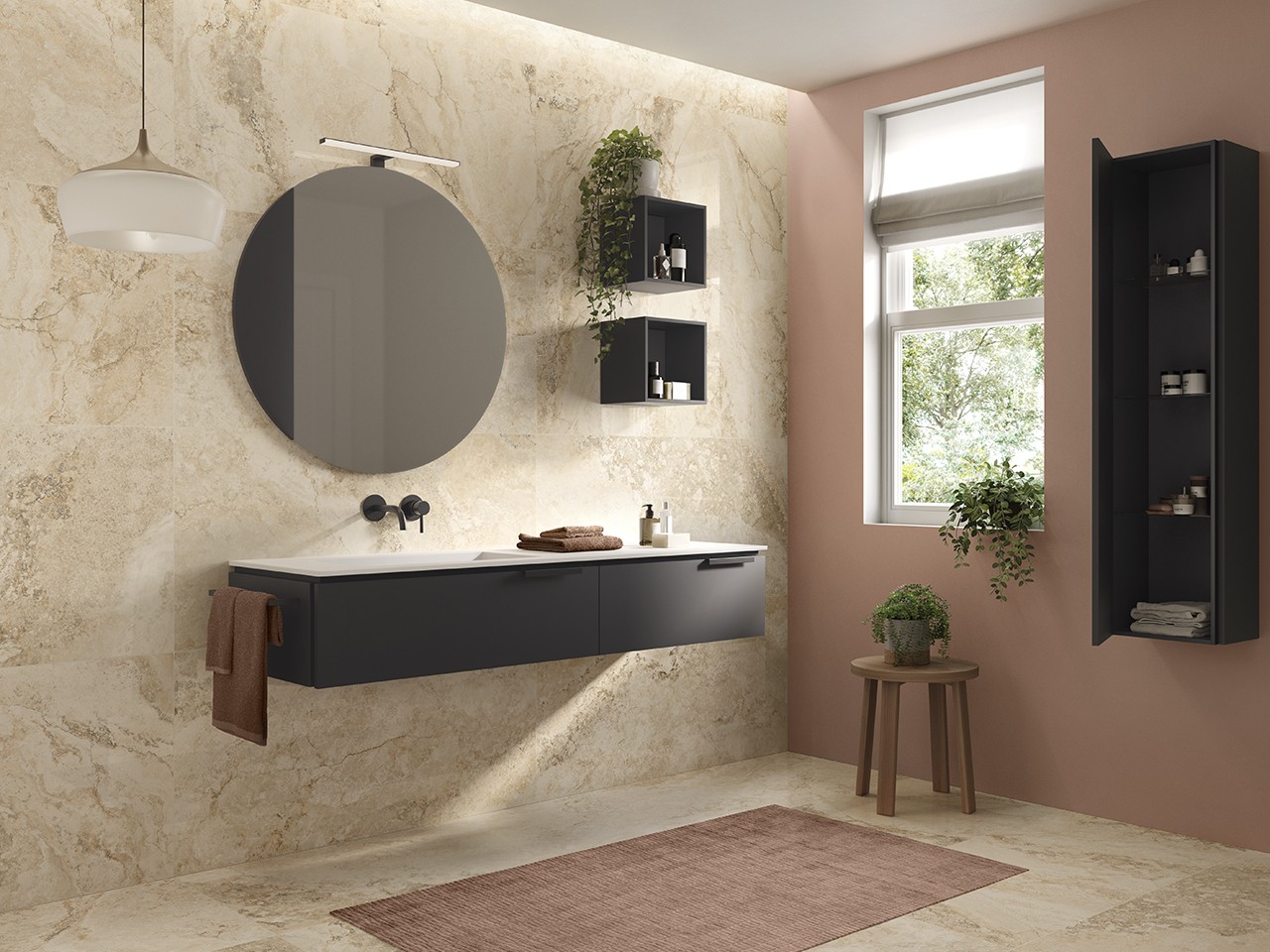 Mobile Bagno TOUCH 160 cm 2 Cassetti Phoenix Nero Opaco e Lavabo HIDE Sinistro Bianco Lucido-9013894