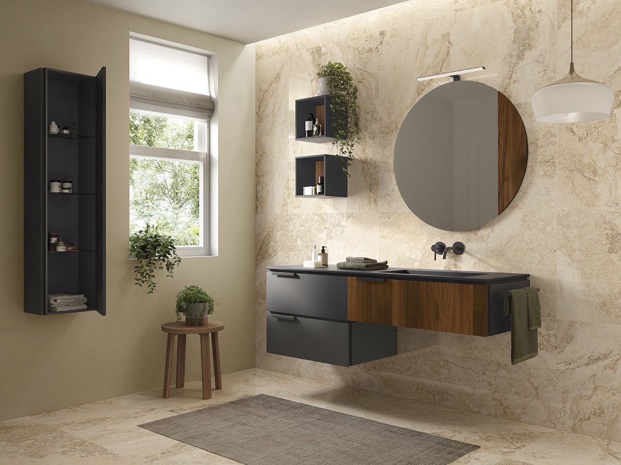 Mobile Bagno TOUCH 160 cm 3 Cassetti Phoenix Nero Opaco/Noce Cannucciato e Lavabo HIDE Destro Nero-9013888