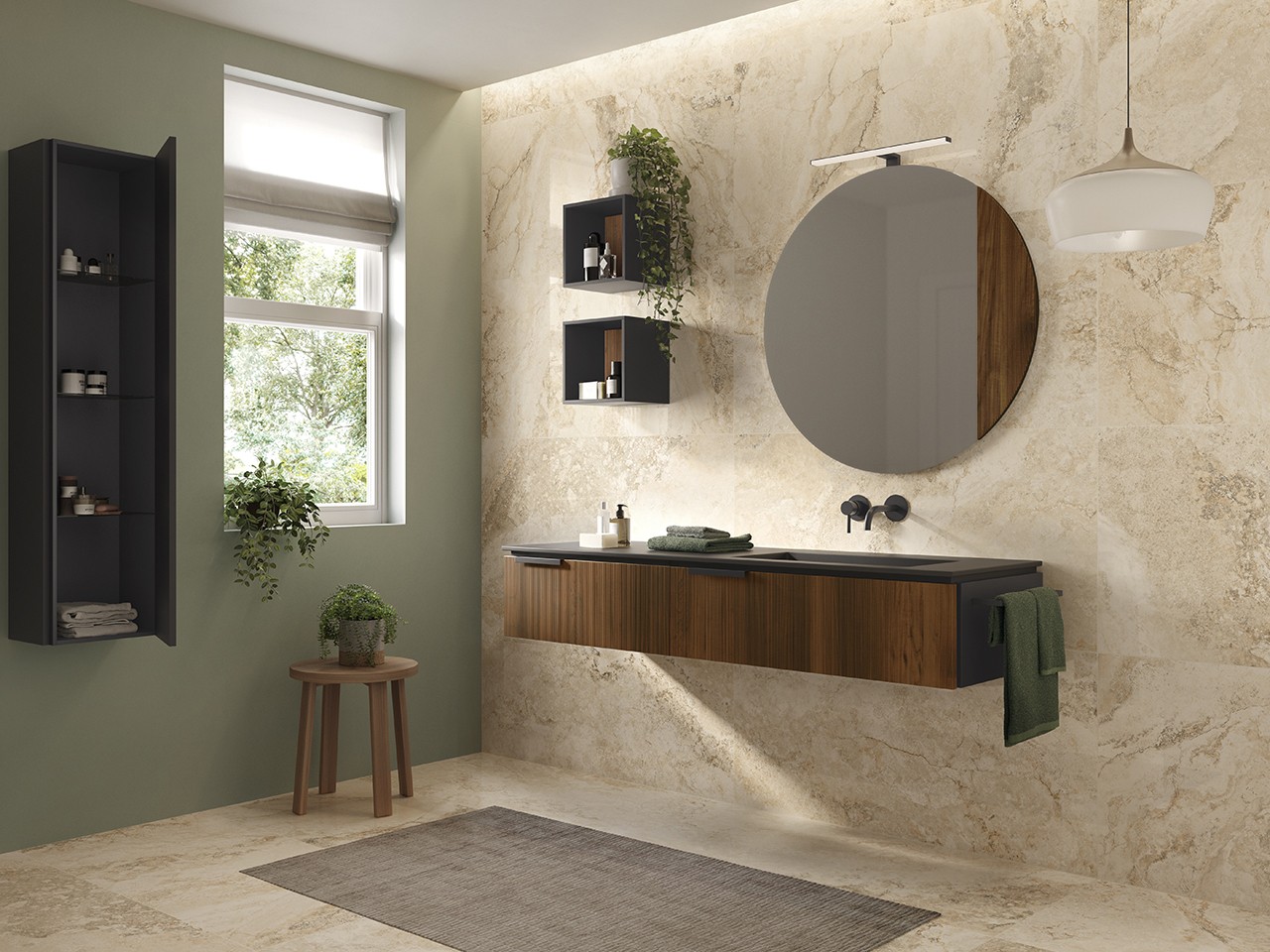 Mobile Bagno BLUES 160 cm 2 Cassetti Noce Cannucciato e Lavabo HIDE Destro Nero-9013896