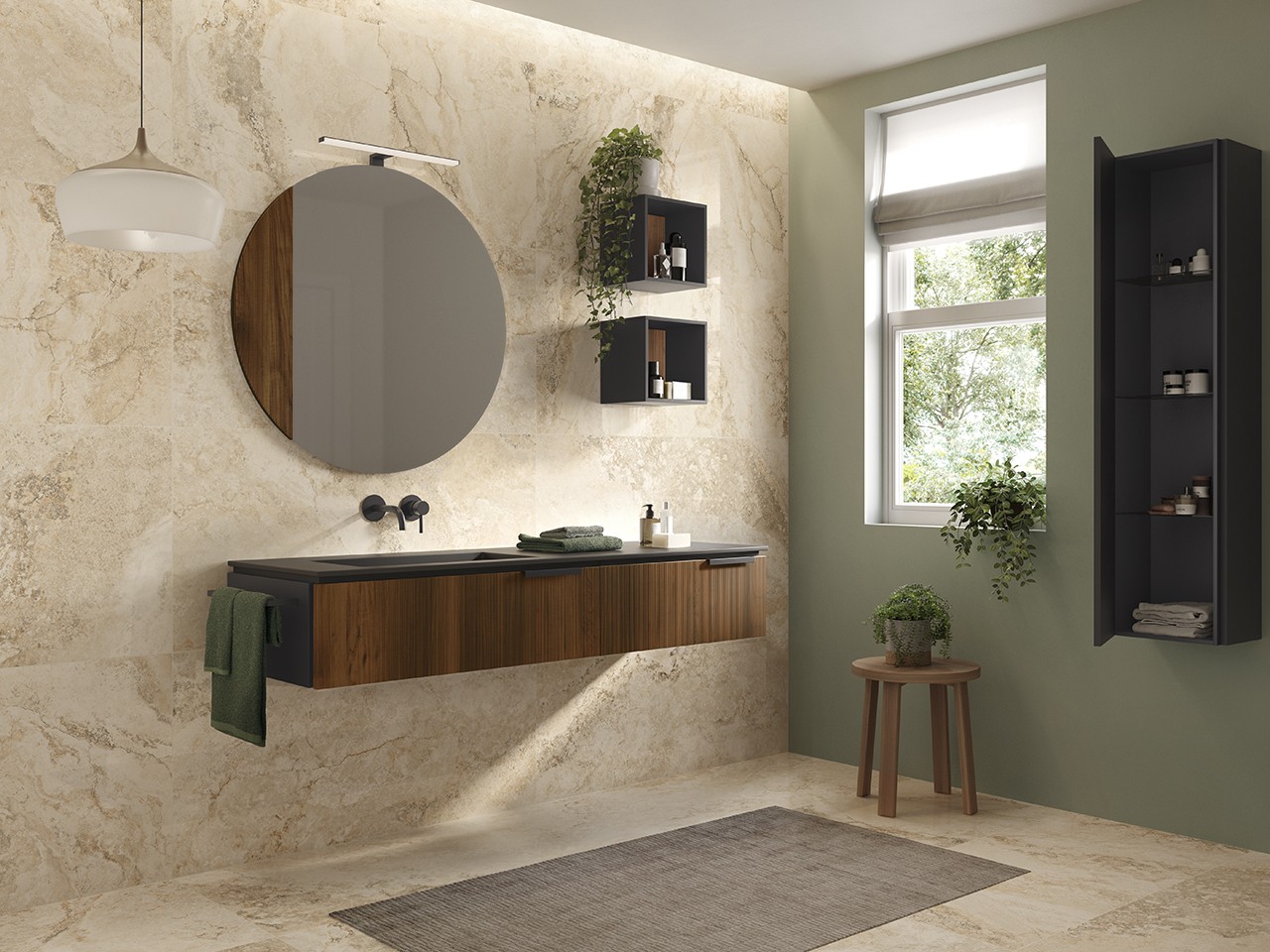 Mobile Bagno BLUES 160 cm 2 Cassetti Noce Cannucciato e Lavabo HIDE Sinistro Nero-9013895