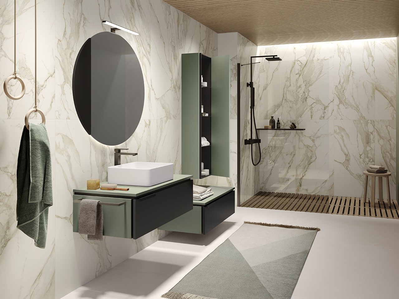 Mobile Bagno TOUCH 70 cm 1 Cassetto Phoenix Nero Opaco e Top 1,8 cm Verde Salvia Opaco-9013806