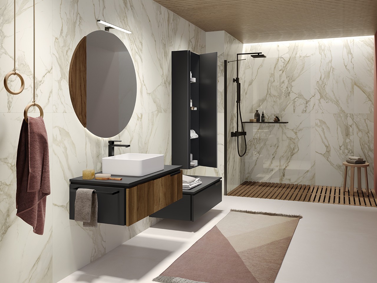 Mobile Bagno BLUES 70 cm 1 Cassetto Noce Cannucciato e Top 1,2 cm Phoenix Nero Opaco-9013807