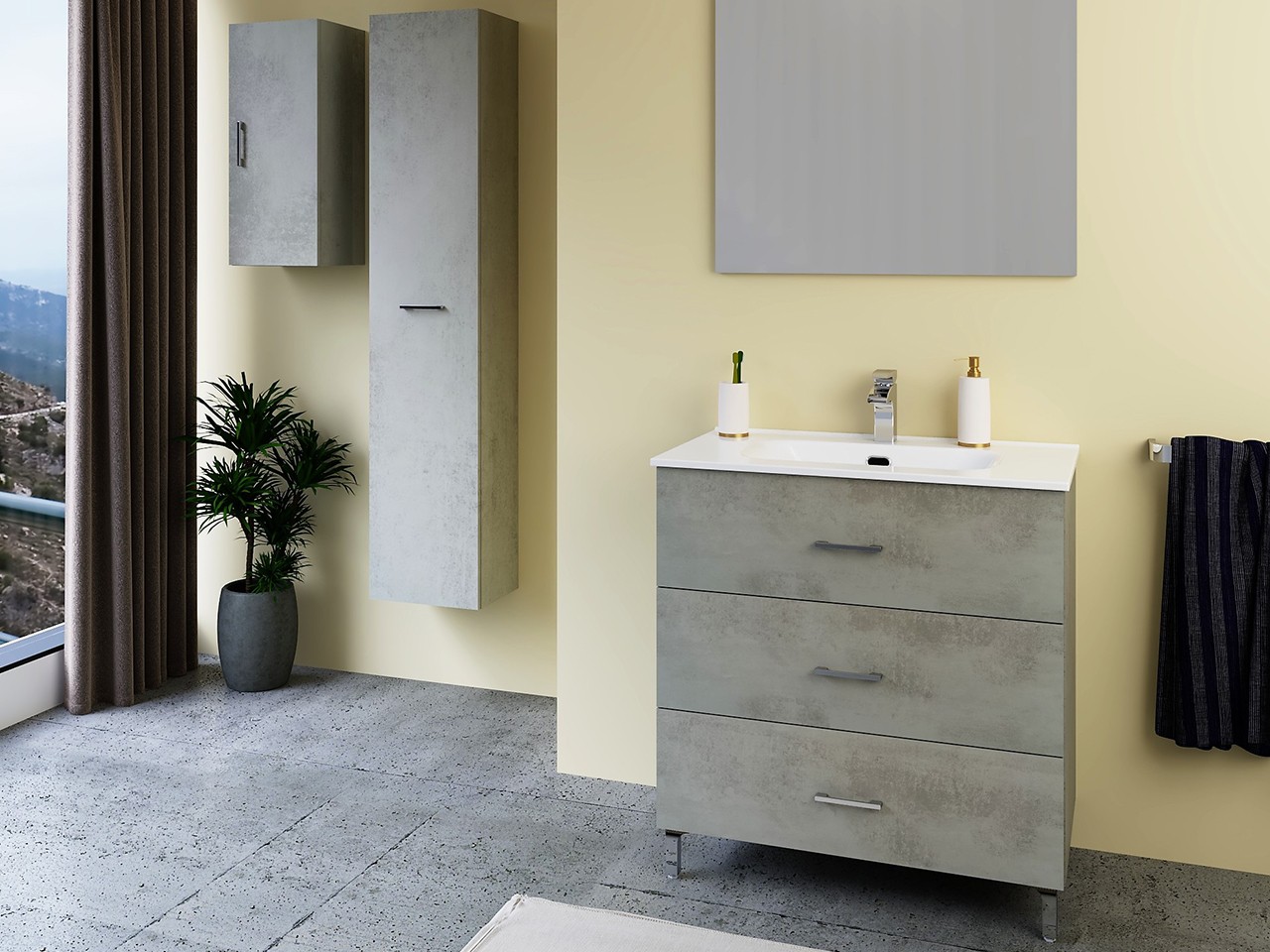 Mobile Bagno TRIO L80 cm in Appoggio a Terra con 3 Cassetti e Lavabo Unitop in Ceramica Finitura Cemento-9018101
