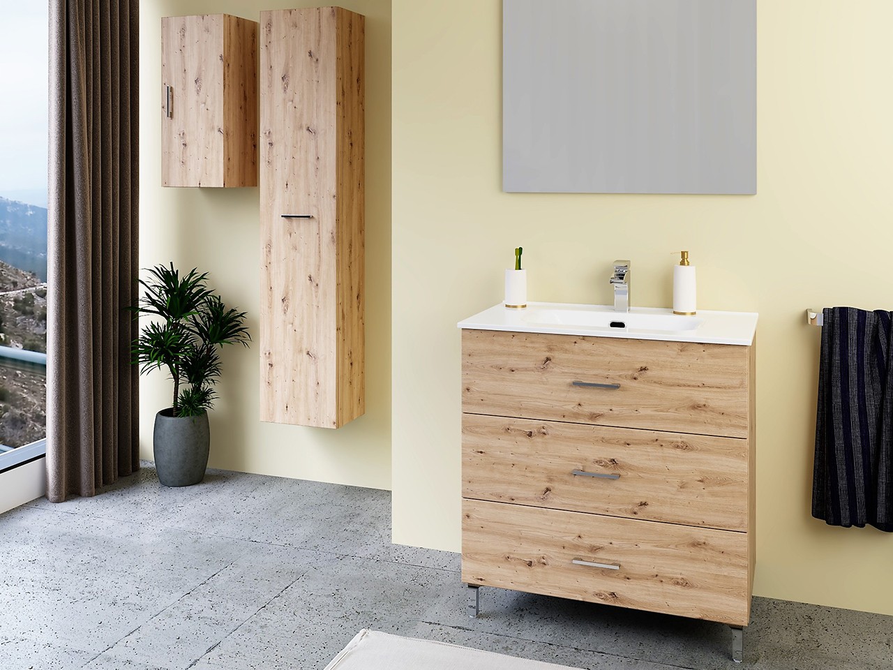Mobile Bagno TRIO L80 cm in Appoggio a Terra con 3 Cassetti e Lavabo Unitop in Ceramica Finitura Rovere Nodato-9018192
