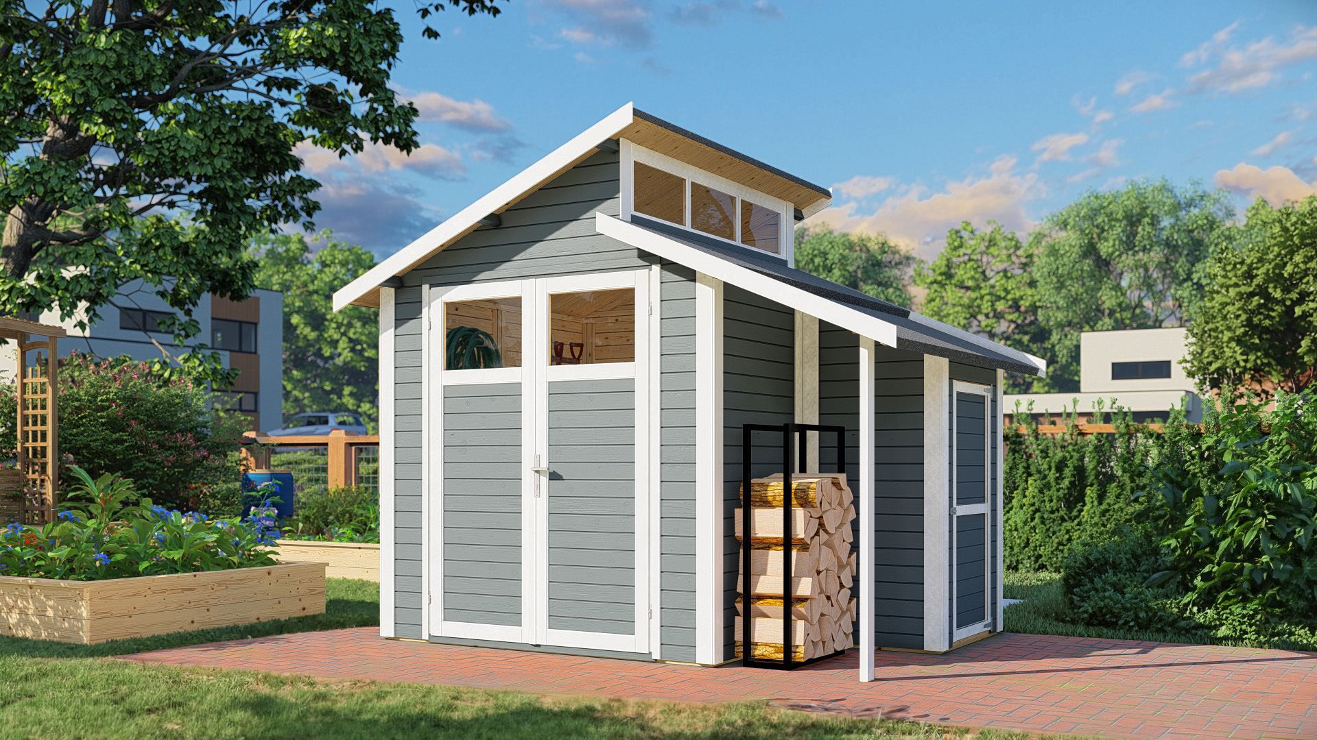 Casetta da giardino "Puchheim" 02 incl. pavimento, grigio - 19 mm, superficie di 5,86 m², tetto a due falde sfalsate