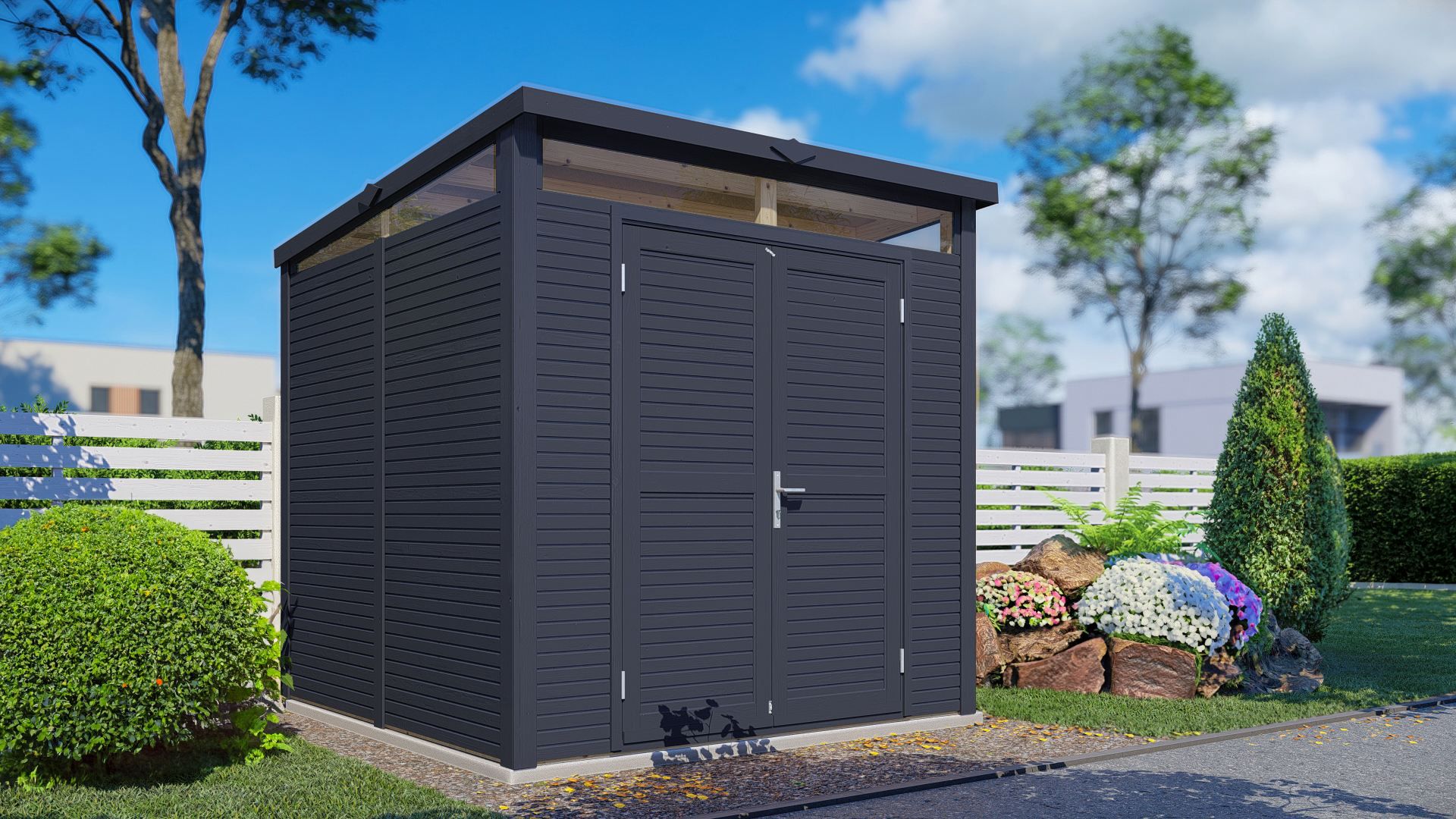 Casetta da giardino / casetta per attrezzi Büren 01 incl. pavimento, antracite - 19 mm Casetta da giardino prefabbricata, superficie: 5,29 m², tetto piano