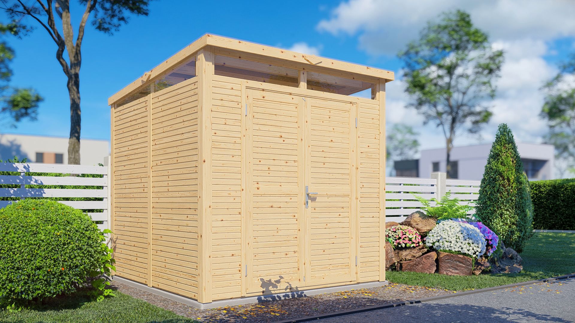 Capanno da giardino / capanno per attrezzi Büren 01 incl. pavimento, finitura naturale - capanno da giardino prefabbricato da 19 mm, superficie del pavimento: 5,29 m², tetto piano