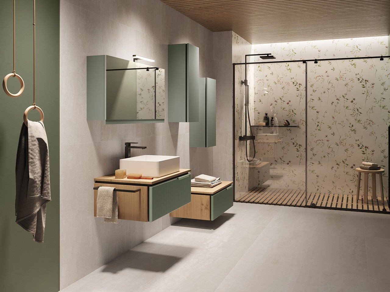 Mobile Bagno BLUES 90 cm 1 Cassetto Cannucciato Verde Salvia Opaco con Fianchi e Top 1,8 cm Rovere Nodi-9013134