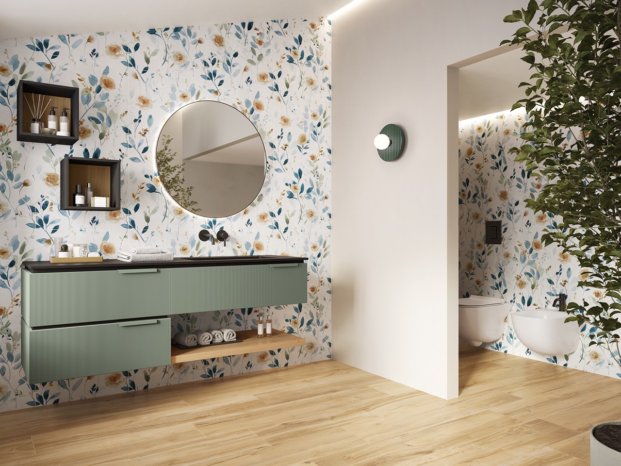Mobile Bagno BLUES 160 cm 3 Cassetti Verde Salvia Opaco e Lavabo Unitop HIDE Destro Resina Effetto Pietra Nero-9012687