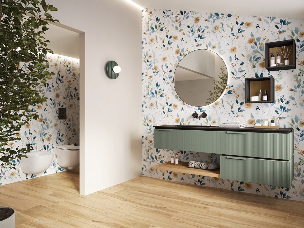 Mobile Bagno BLUES 160 cm 3 Cassetti Verde Salvia Opaco e Lavabo Unitop HIDE Sinistro Resina Effetto Pietra Nero-9012691