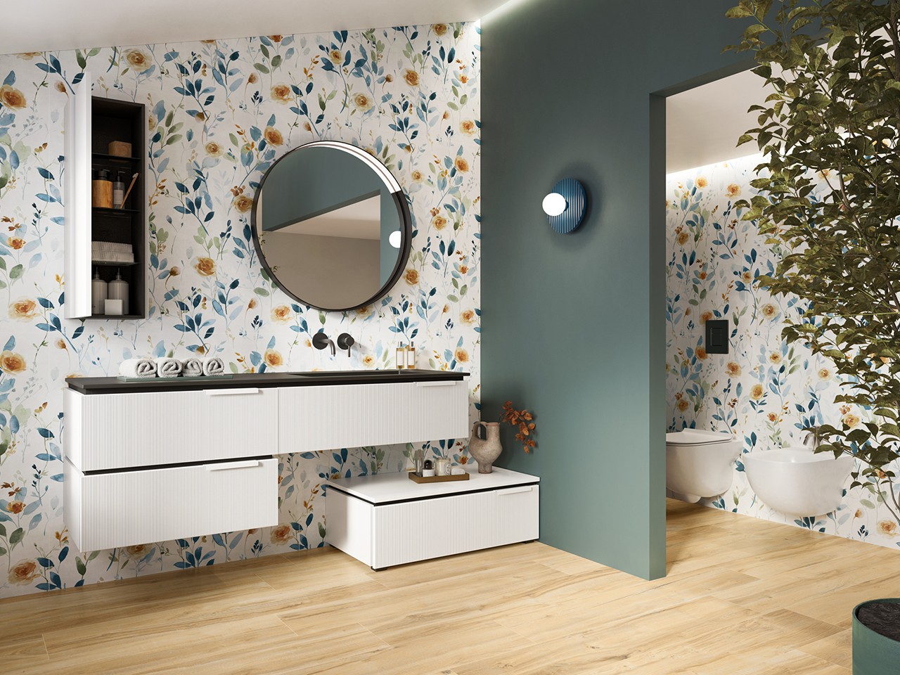 Mobile Bagno BLUES 160 cm 3 Cassetti Bianco Opaco e Lavabo Unitop HIDE Destro Resina Effetto Pietra Nero-9012685