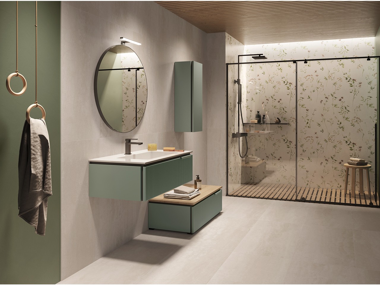 Mobile Bagno BLUES 90 cm 1 Cassetto Cannucciato Verde Salvia Opaco e Lavabo Unitop HIDE Resina Bianco Opaco-9012695