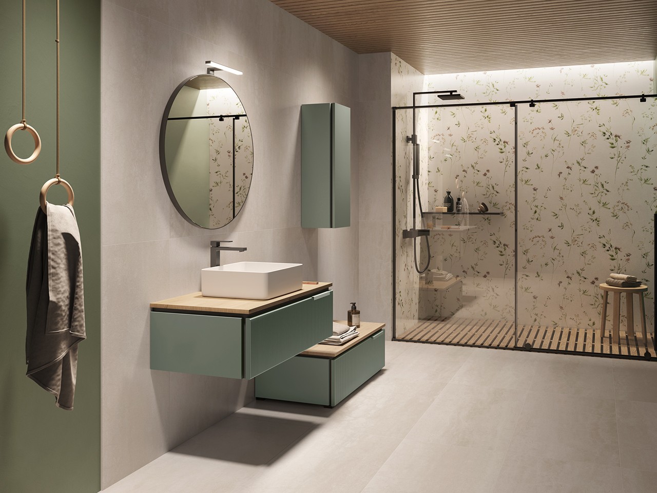 Mobile Bagno BLUES 90 cm 1 Cassetto Cannucciato Verde Salvia Opaco e Top 1,8 cm Rovere Nodi-9013135