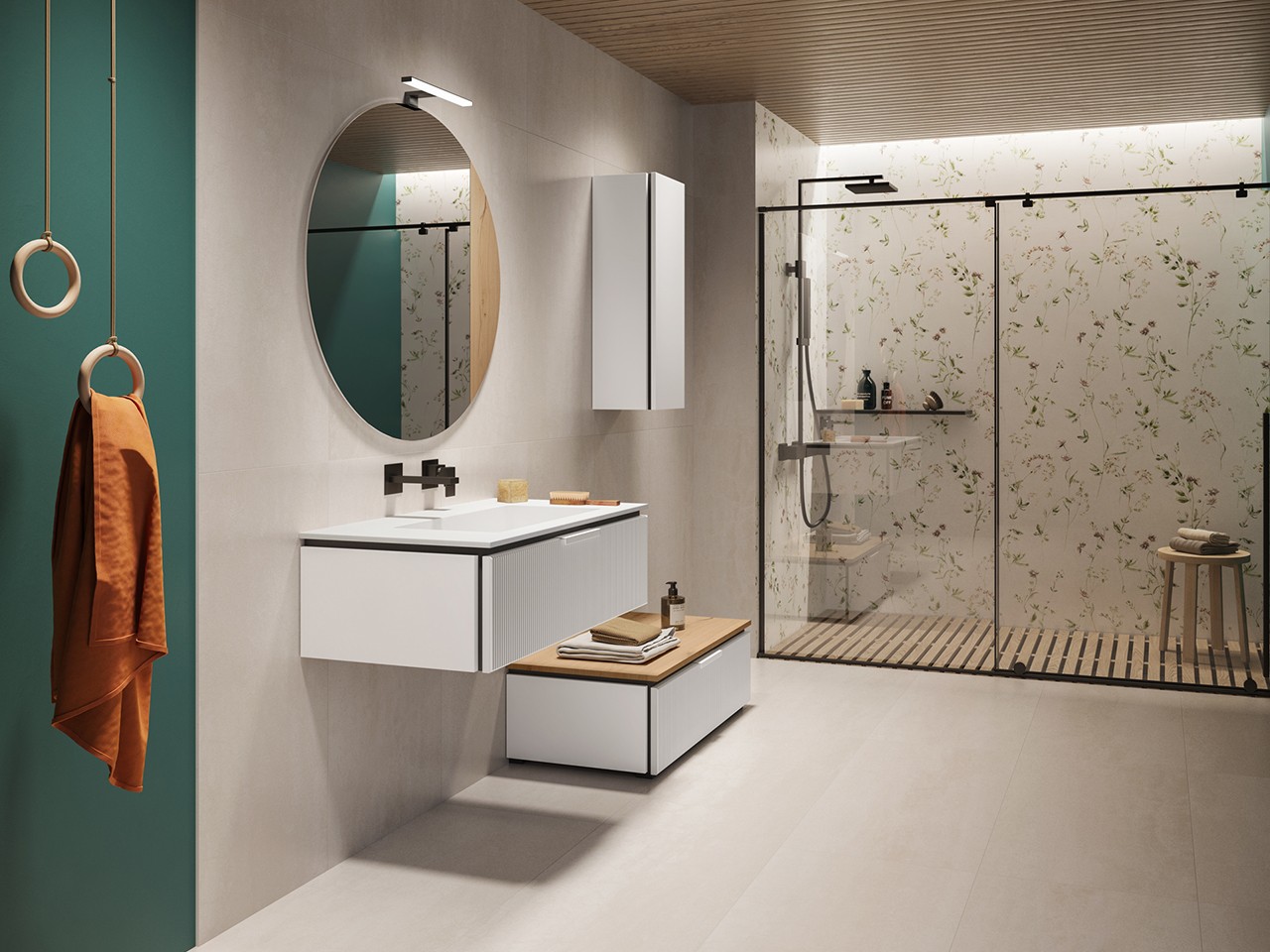 Mobile Bagno BLUES 90 cm 1 Cassetto Cannucciato Bianco Opaco e Lavabo Unitop TRENDY Resina Bianco lucido-9012694