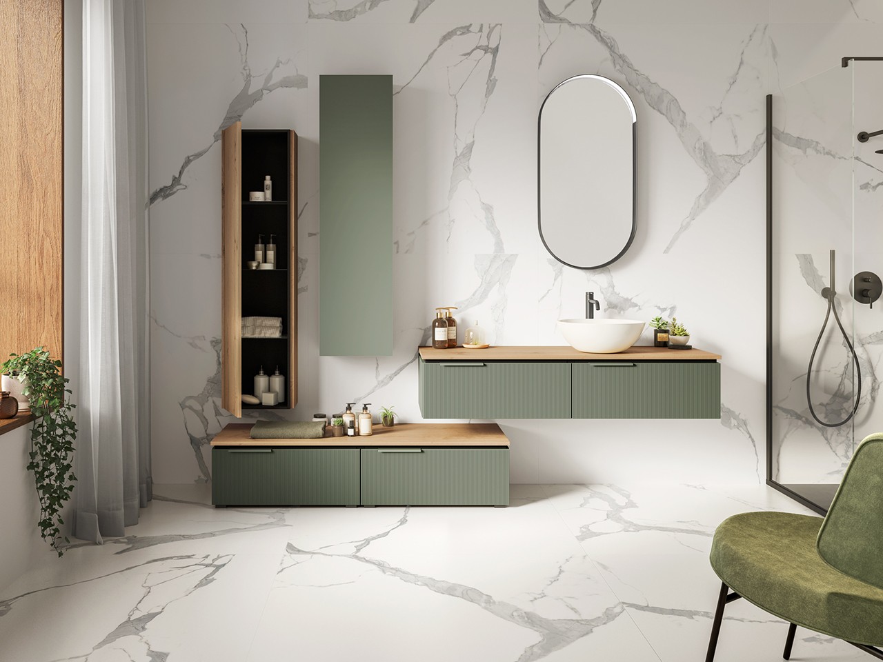 Mobile Bagno BLUES 140 cm 2 Cassetti Cannucciati Verde Salvia Opaco e Top 1,8 cm in Rovere Nodi-9012680