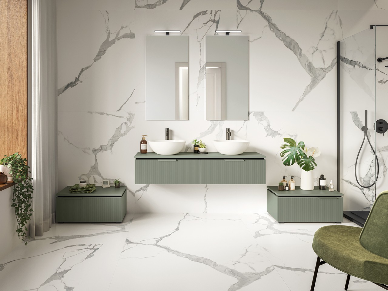 Mobile Bagno BLUES 140 cm 2 Cassetti Cannucciati e Top 1,2 cm Verde Salvia Opaco-9012683