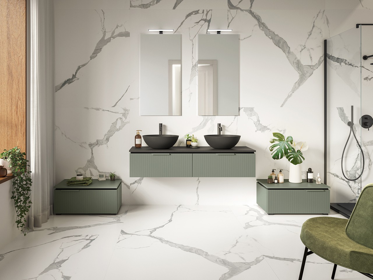 Mobile Bagno BLUES 140 cm 2 Cassetti Cannucciati Verde Salvia Opaco e Top 1,2 cm in Phoenix Nero opaco-9012682