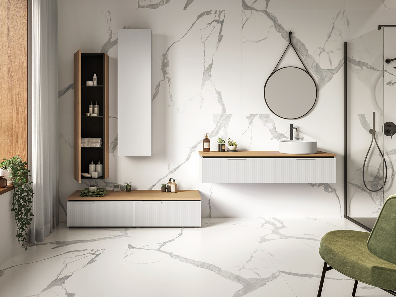 Mobile Bagno BLUES 140 cm 2 Cassetti Cannucciati Bianco Opaco e Top 1,8 cm in Rovere Nodi-9012677