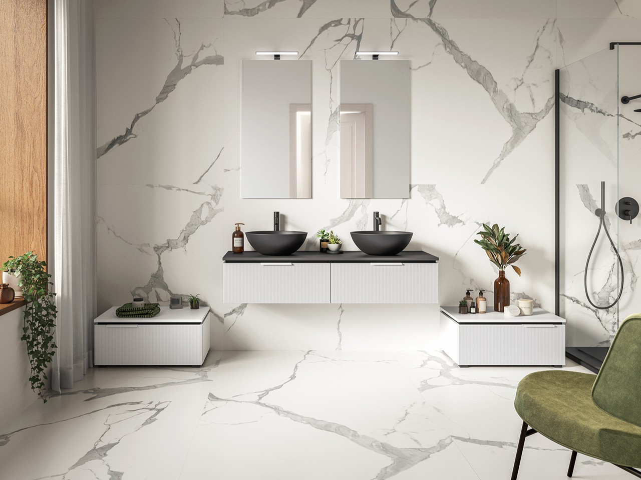 Mobile Bagno BLUES 140 cm 2 Cassetti Cannucciati Bianco Opaco e Top 1,2 cm in Phoenix Nero opaco-9012679