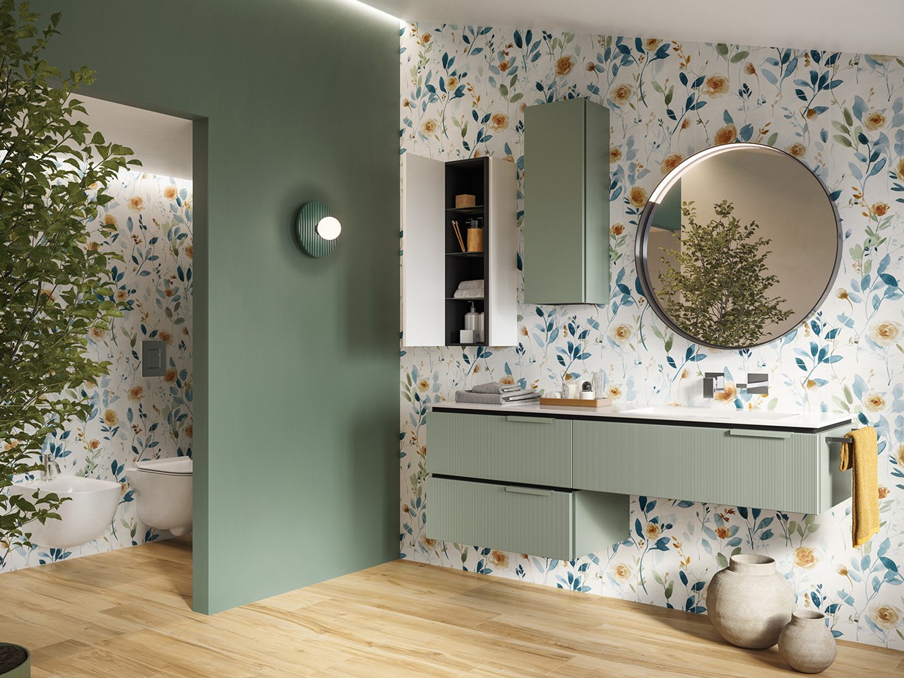 Mobile Bagno BLUES 160 cm 3 Cassetti Verde Salvia Opaco e Lavabo Unitop HIDE Destro Resina Effetto Pietra Bianco-9012686