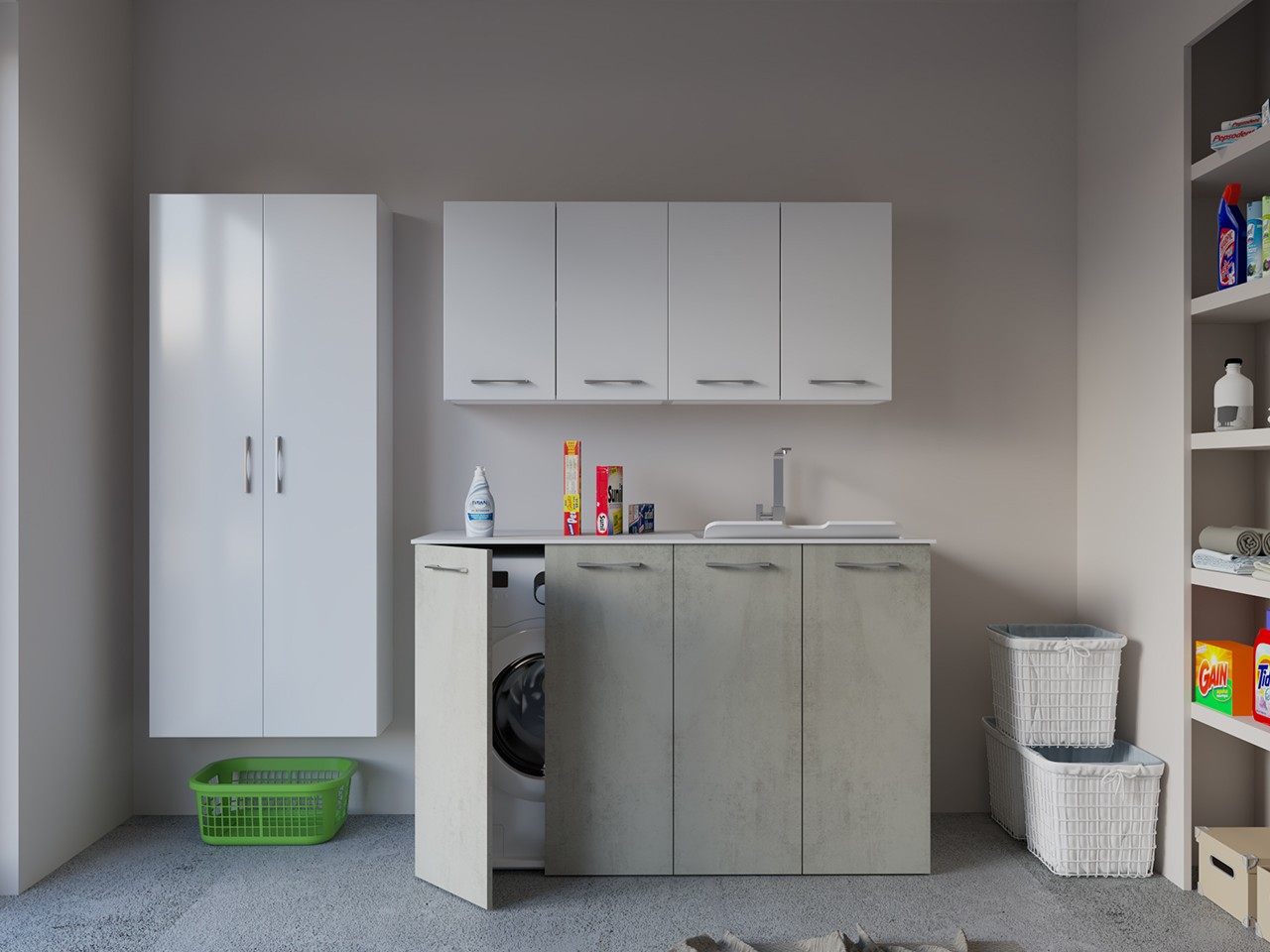 Mobile Lavanderia BONK 140 cm 4 Ante con Lavabo in Solid Surface Destro - Cemento-9024140