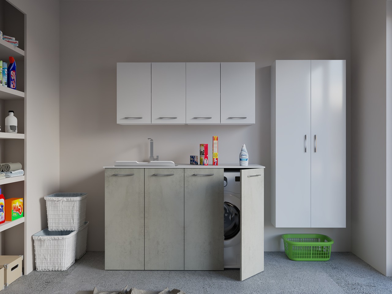 Mobile Lavanderia BONK 140 cm 4 Ante con Lavabo in Solid Surface Sinistro - Cemento-9024143