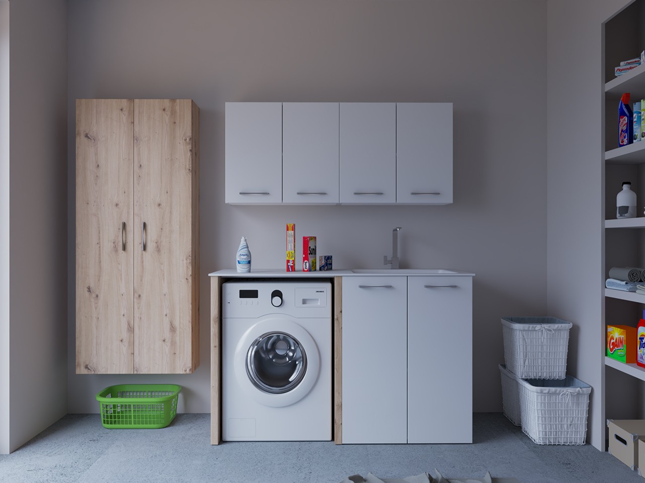 Mobile Lavanderia BONK 140 cm 2 Ante con Lavabo in Solid Surface Destro - Bianco Lucido/Rovere Nodato-9024132