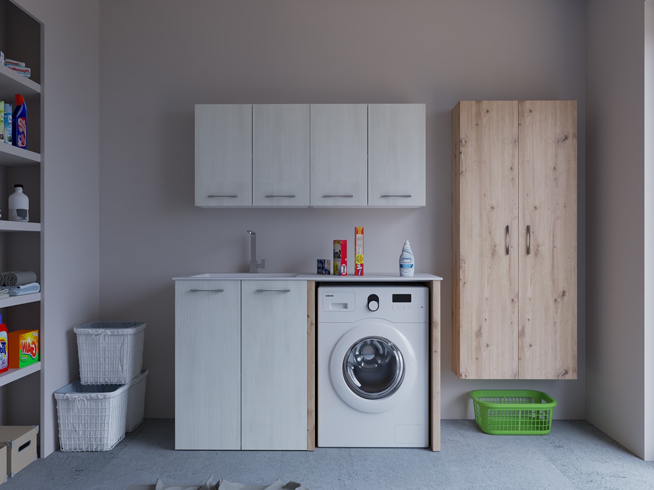 Mobile Lavanderia BONK 140 cm 2 Ante con Lavabo in Solid Surface Sinistro - Bianco Matrix/Rovere Nodato-9024136