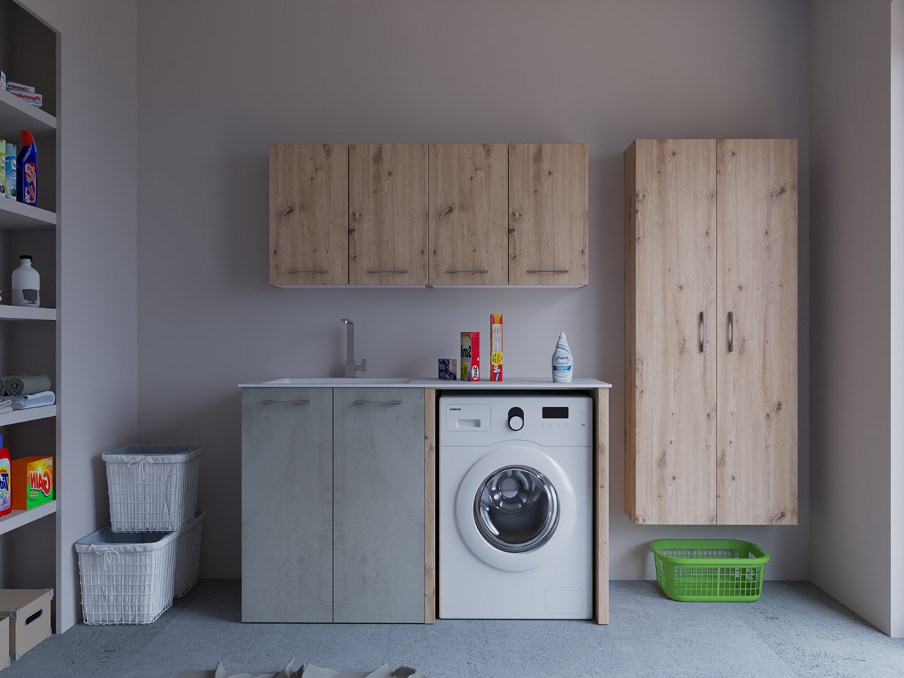 Mobile Lavanderia BONK 140 cm 2 Ante con Lavabo in Solid Surface Sinistro- Cemento/Rovere Nodato-9024137