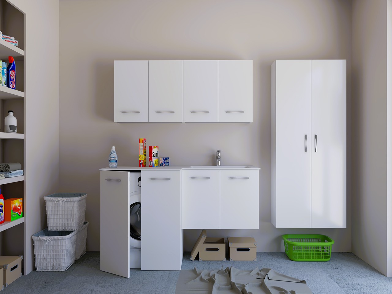 Mobile Lavanderia BONK 140x51/63 cm 4 Ante con Lavabo in Solid Surface Destro - Bianco Lucido-9024150