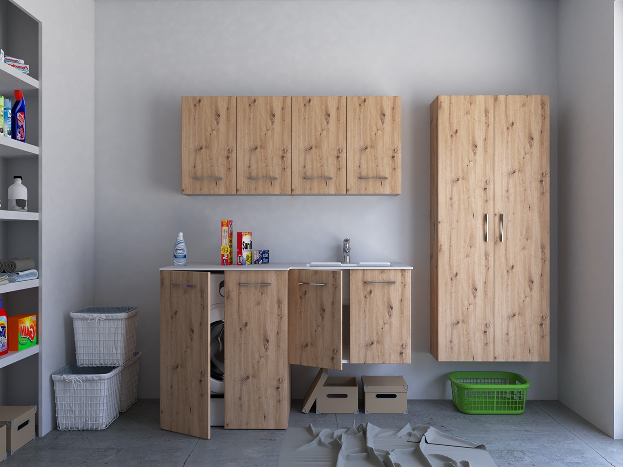 Mobile Lavanderia BONK 140x51/63 cm 4 Ante con Lavabo in Solid Surface Destro - Rovere Nodato-9024152