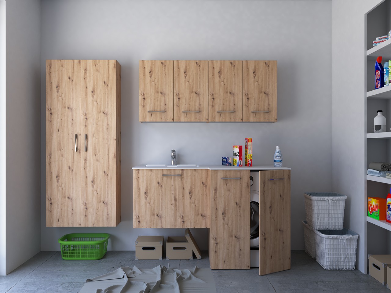 Mobile Lavanderia BONK 140x51/63 cm 2 Ante e Cassetto con Lavabo in Solid Surface Sinistro - Rovere Nodato-9024149