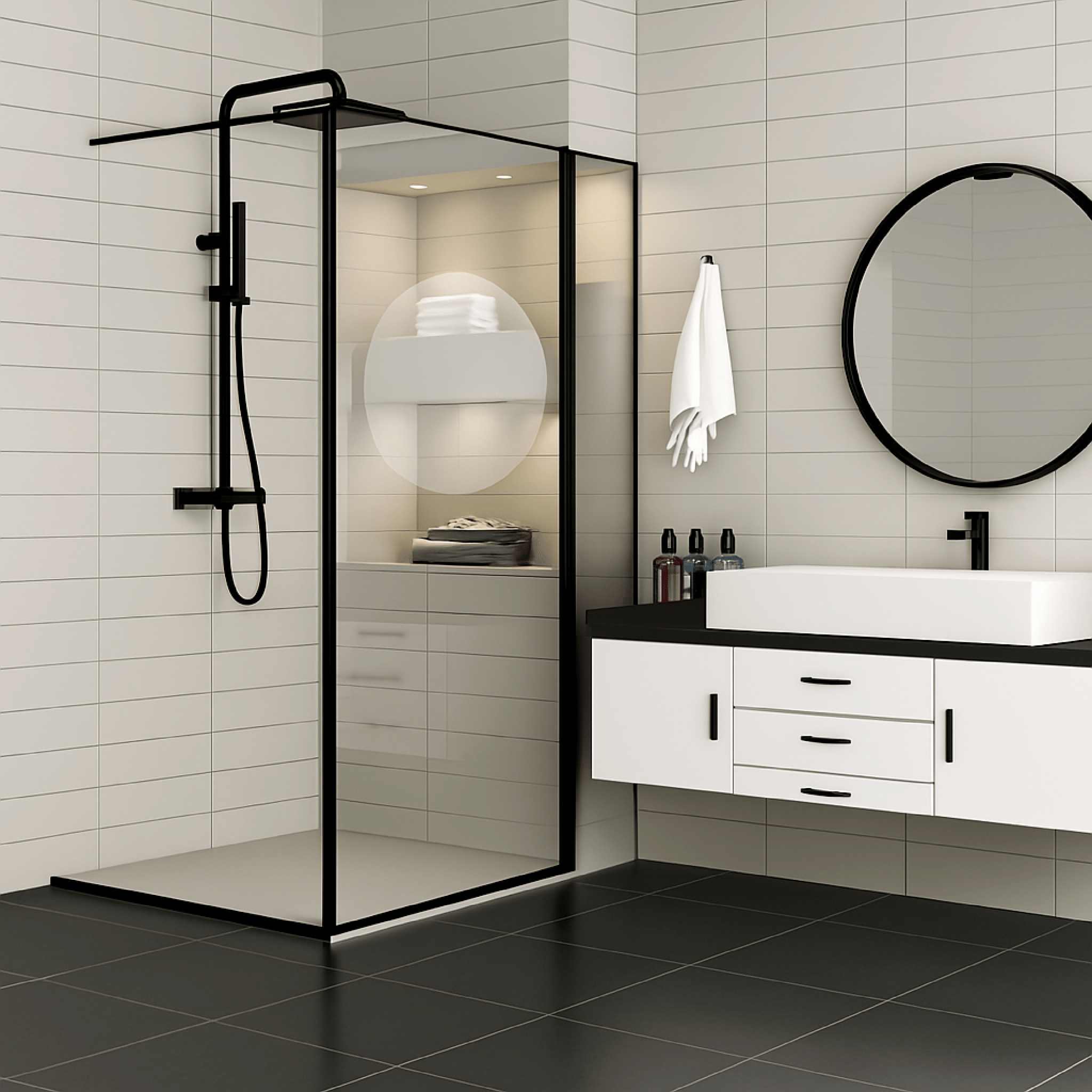 Box Doccia Walk-In 77,5/80 Cm Con Braccio Telescopico Giava "Style" Nero/Vetro Trasparente