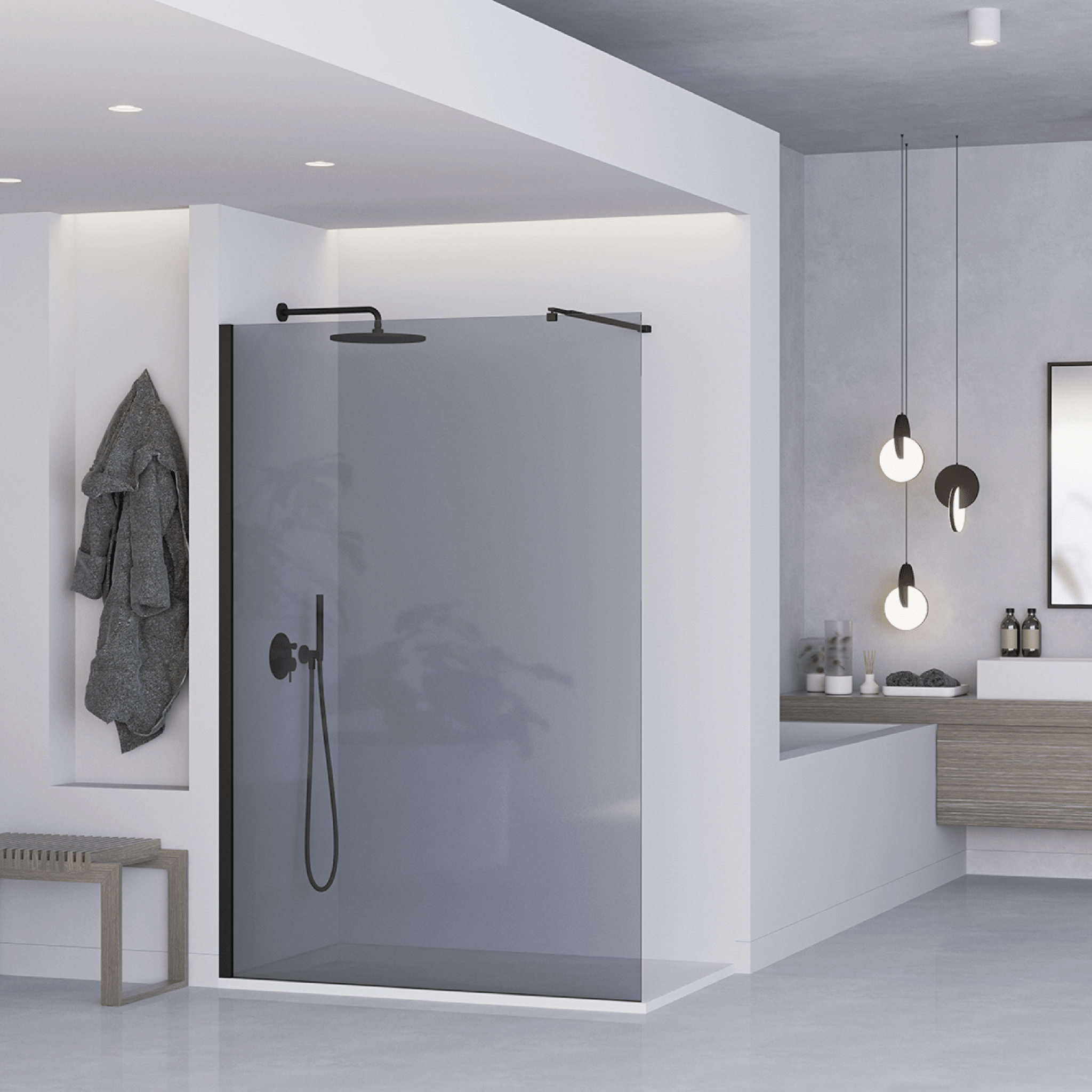 Box Doccia Walk-In 100 Cm Con Braccio Telescopico Feridras Nero Opaco/Vetro Grigio