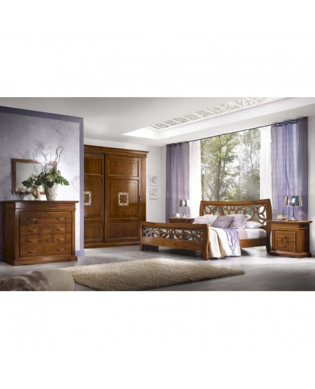 CAMERA COMPLETA LEGNO MASSELLO CON INTAGLIO ARMADIO ANTE SCORREVOLI LETTO COMO E COMODINI