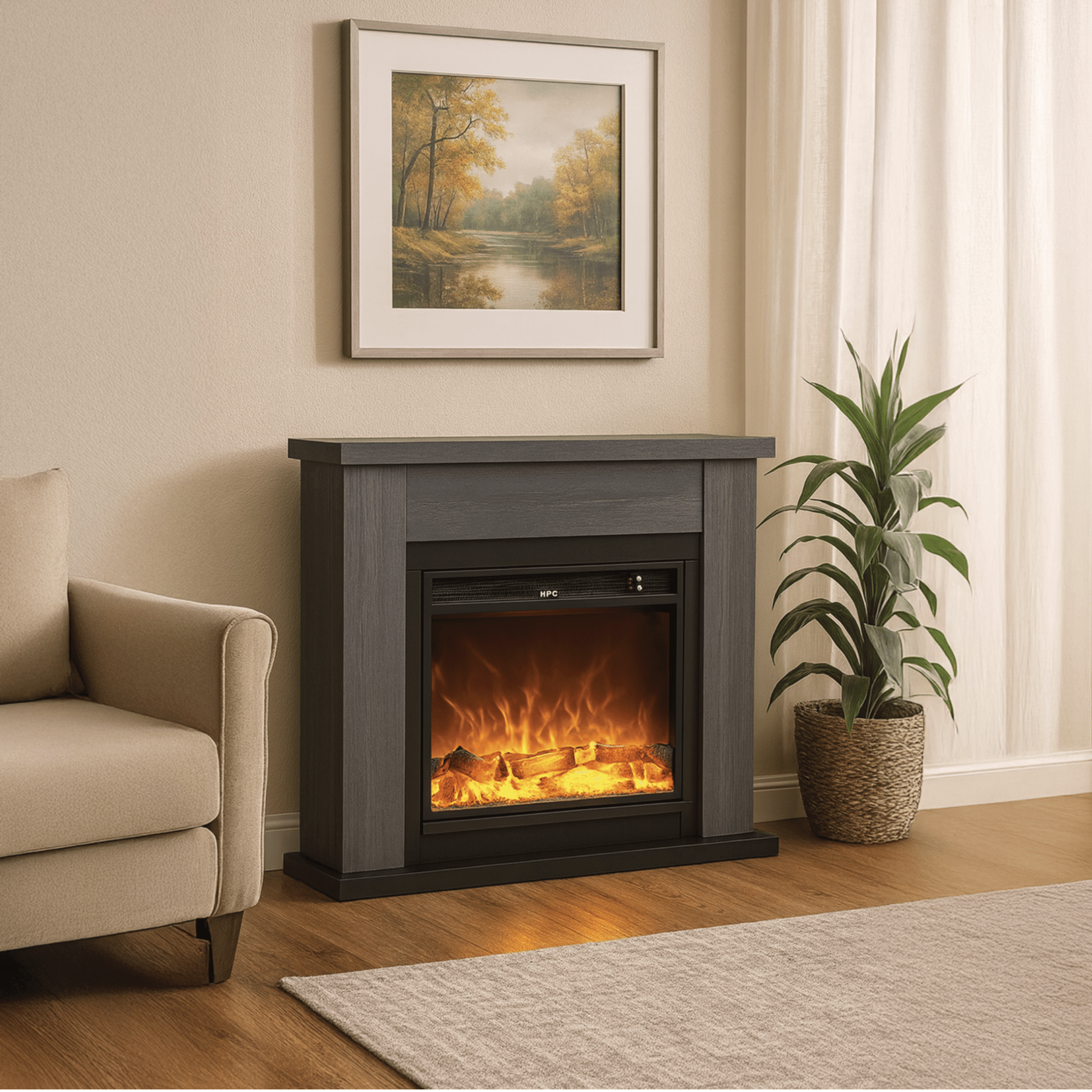 Camino Elettrico Completo D'Appoggio Da 107 Cm Sined "Asciano" Grigio Scuro