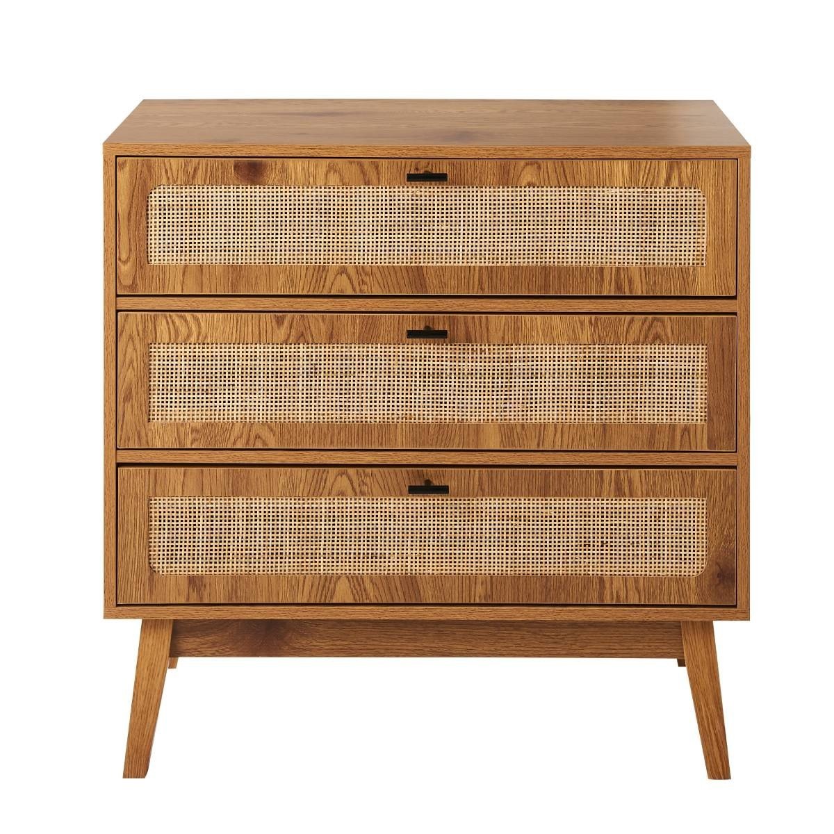 Cassettiera con 3 cassetti, frontali in rattan e gambe in legno, L80 cm - ALIA